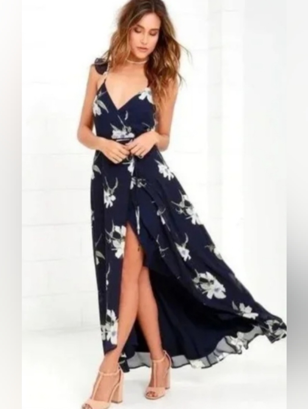 Lulu's Navy Blue White Floral High-Low Wrap Dress. NWT. Size XS